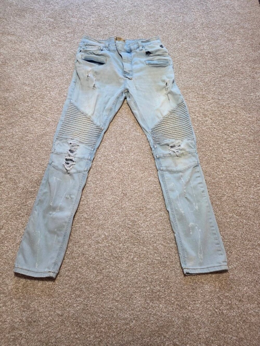 Grindhouse Denim Men’s Distressed Light Wash Distressed Biker Jeans Size 36X32